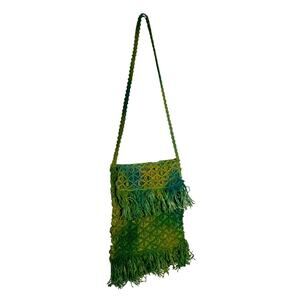 Vintage Yellow Green Macrame Crossbody Purse Reworked Hand Dyed Fringe Boho Bag